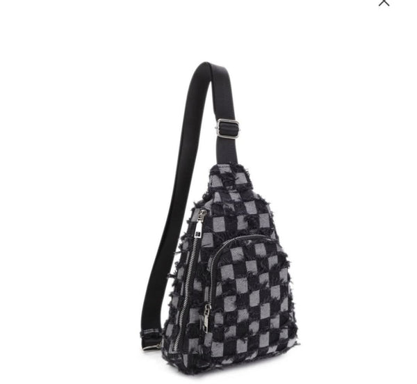 Distressed Checkered Denim Sling Bag