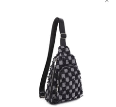 Distressed Checkered Denim Sling Bag