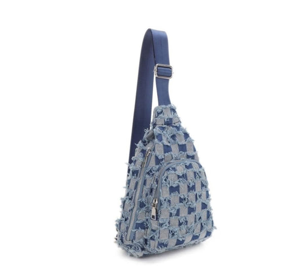 Distressed Checkered Denim Sling Bag