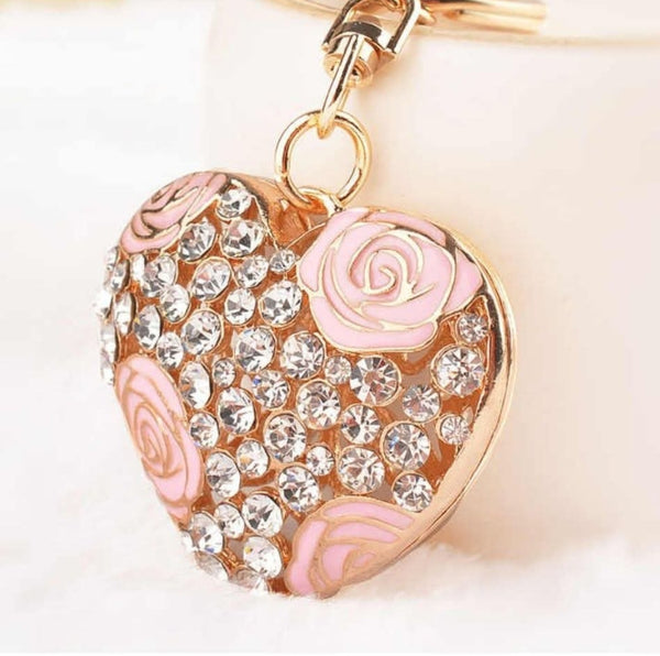 Rhinestone Rose Flower Heart Keychain