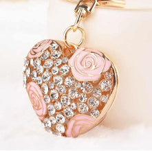 Rhinestone Rose Flower Heart Keychain
