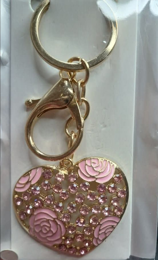 Rhinestone Rose Flower Heart Keychain