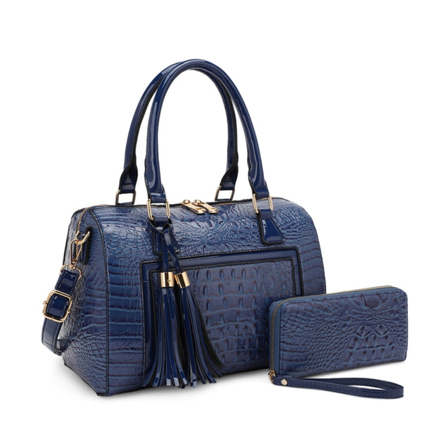 Crocodile Tassled Boston Satchel With Wallet